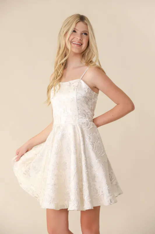 Fit and Flare Silver and Ivory Floral Party Dress in Longer Length sold by Un Deux Trois