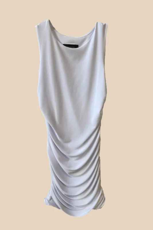 Fitted Ruched White Scoop Neck Dress in Longer Length sold by Un Deux Trois