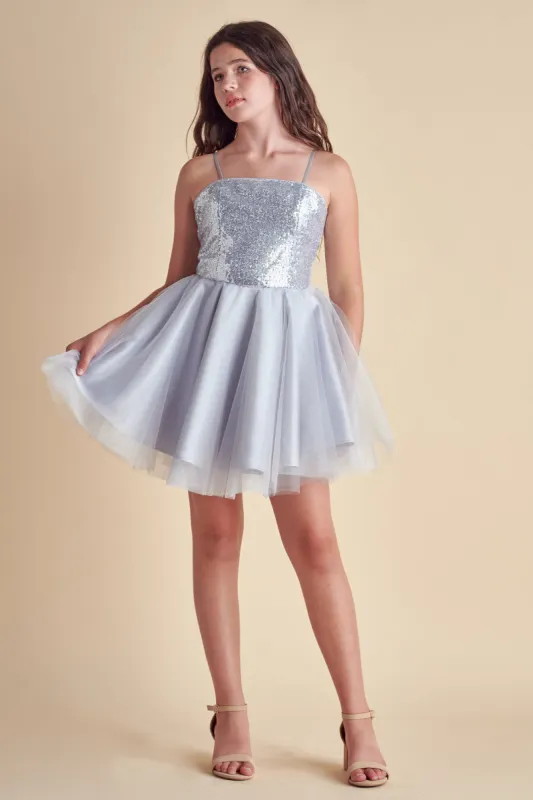 Sequin and Tulle Party Dress in Silver sold by Un Deux Trois