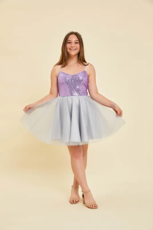 Sequin and Tulle Party Dress in Lilac and Silver sold by Un Deux Trois