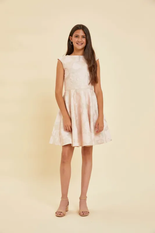 Pink and Gold Floral Jacquard Cap Sleeve Dress sold by Un Deux Trois