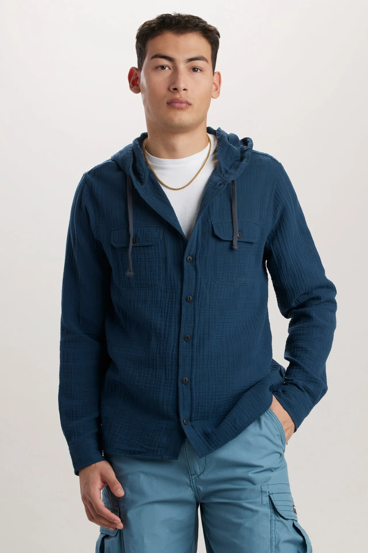 Hughie Gauze Button-Up Hoodie sold by UNIONBAY