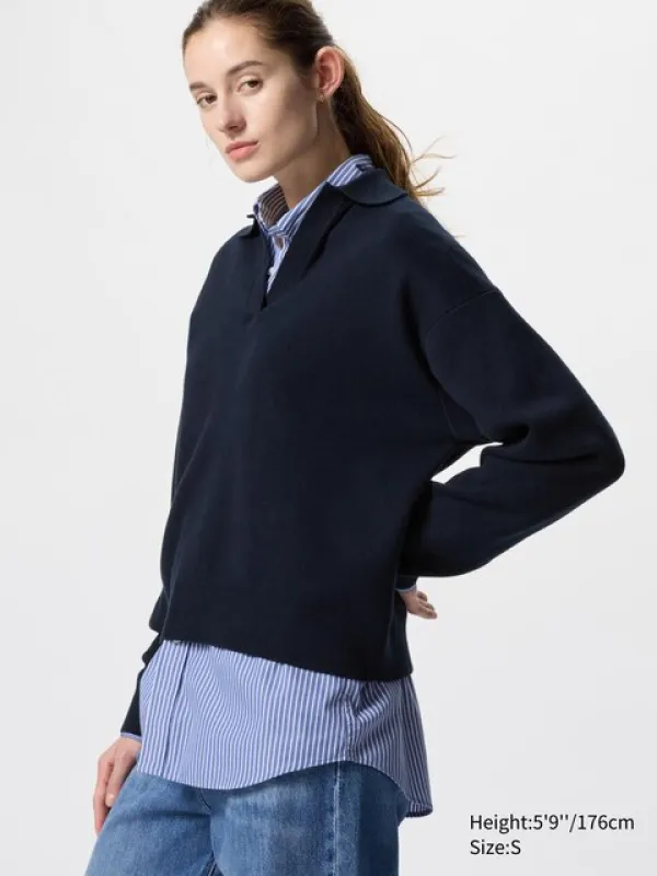 Uniqlo - Baumwolle Pullover (soft, Relaxed Fit, Polokragen) - Grau sold by Uniqlo