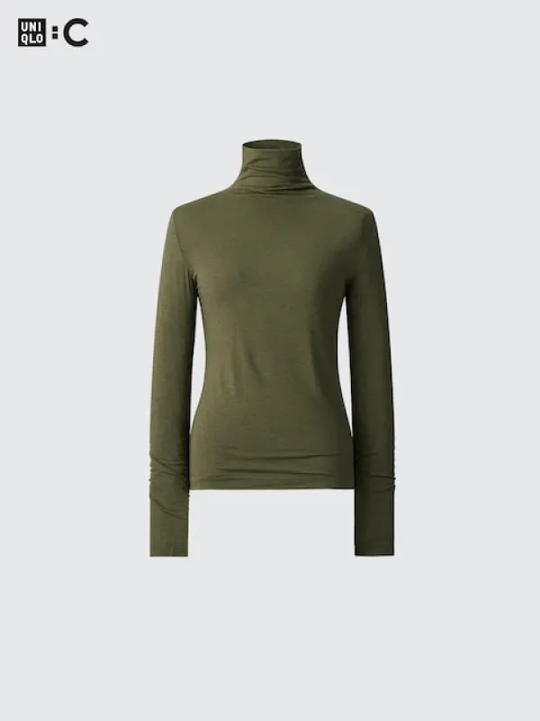 UNIQLO Women's HEATTECH Cashmere Blend T-Shirt | Extra Warm | Turtleneck with Moisture-Wicking, Wine, XL made by Uniqlo