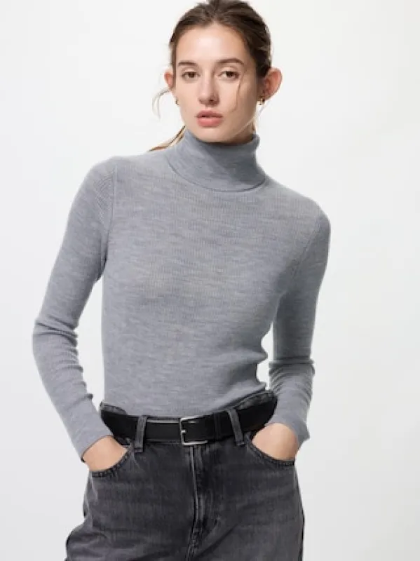 Women's Merino Ribbed Sweater | Turtleneck | Wine | Large | UNIQLO US sold by Uniqlo