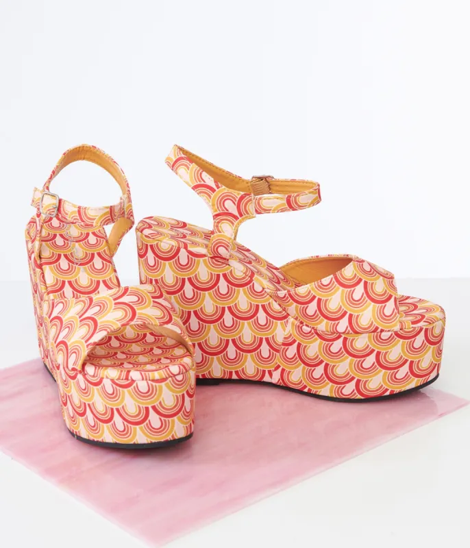 1970s Orange & Yellow Scallop Print Platform Wedges sold by Unique Vintage