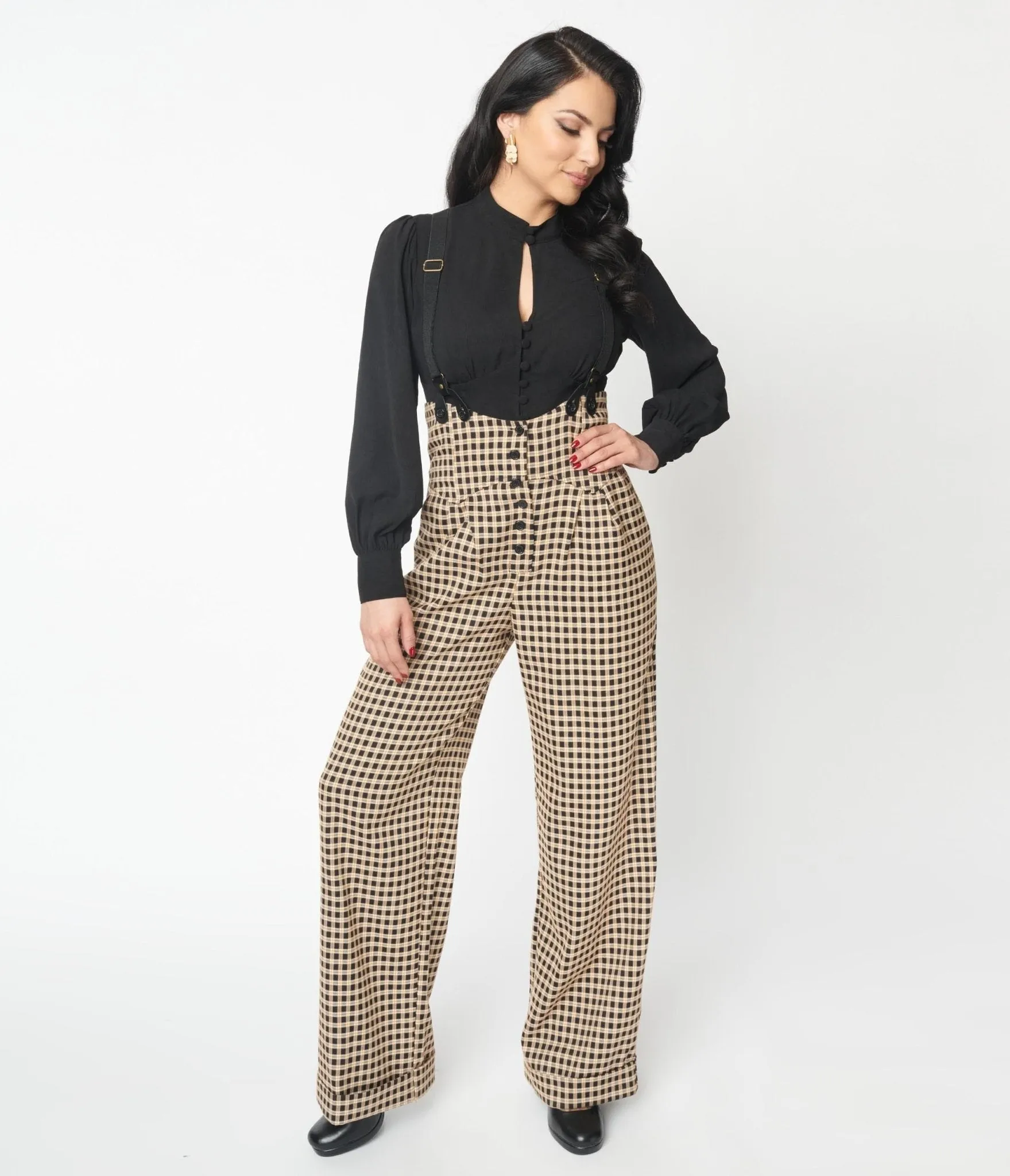 Unique Vintage Black & Beige Plaid Thelma Suspender Pants sold by Unique Vintage product image thumbnail 4