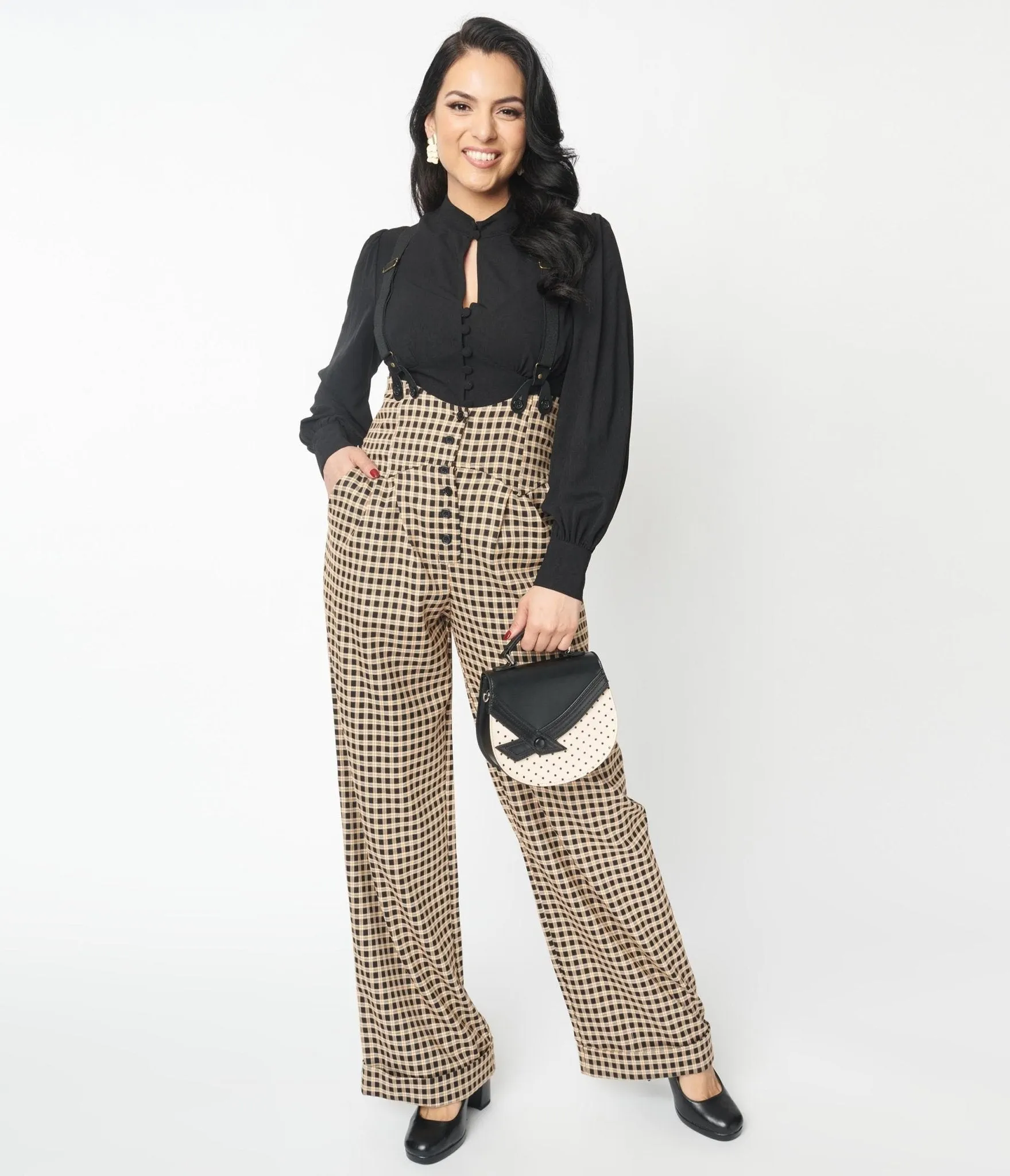Unique Vintage Black & Beige Plaid Thelma Suspender Pants sold by Unique Vintage product image thumbnail 3