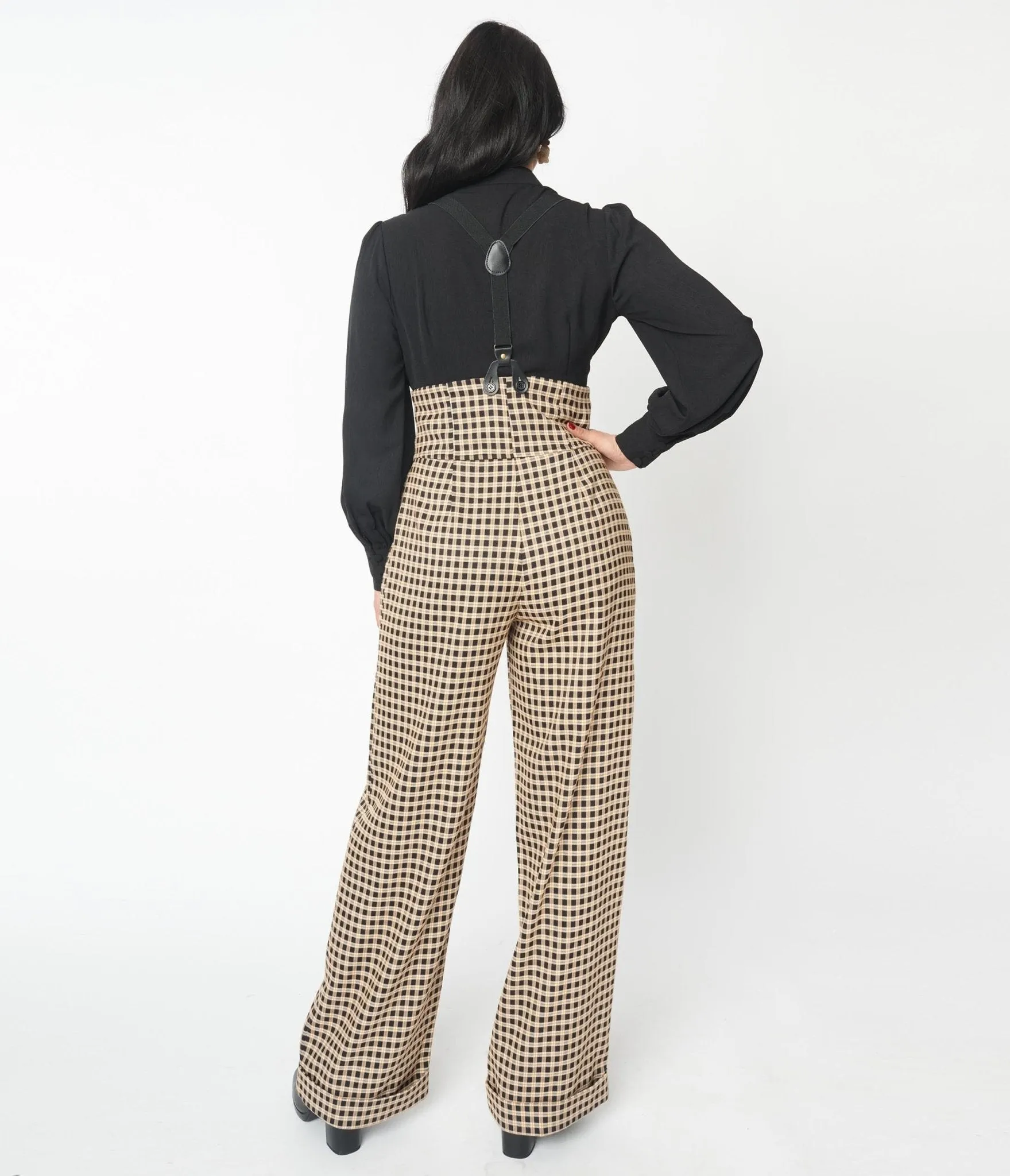 Unique Vintage Black & Beige Plaid Thelma Suspender Pants sold by Unique Vintage product image thumbnail 2