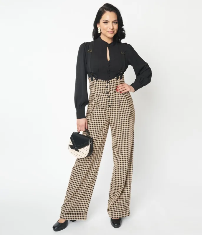 Unique Vintage Black & Beige Plaid Thelma Suspender Pants sold by Unique Vintage