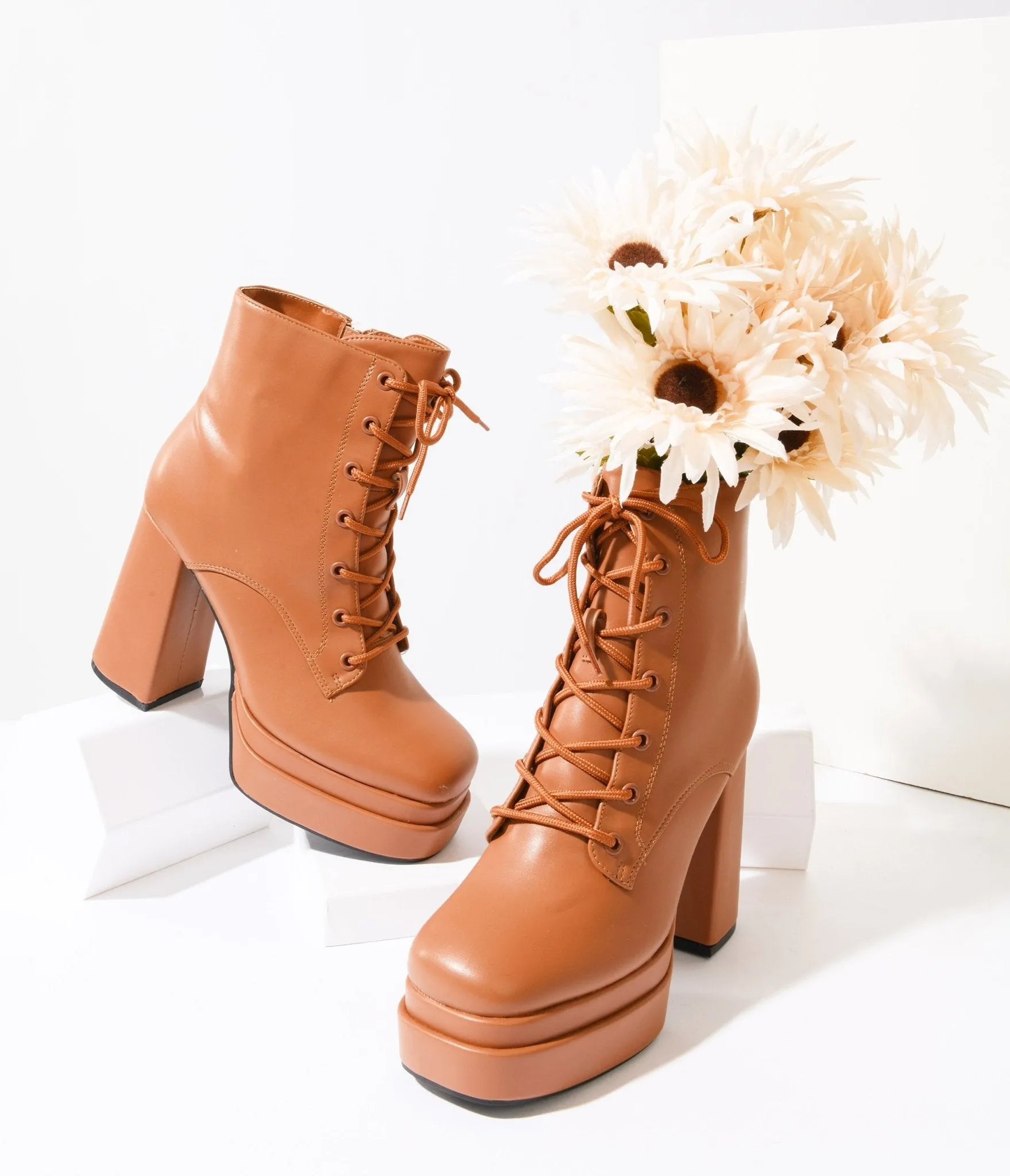 Camel Brown Lace Up Platform Booties sold by Unique Vintage