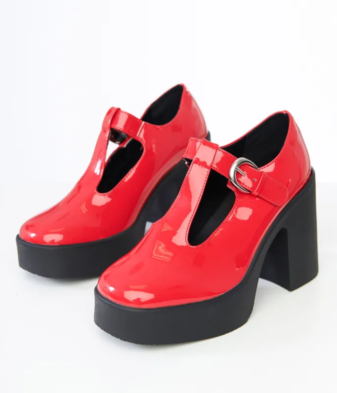 1990s Red Patent Leatherette T-Strap Platforms sold by Unique Vintage
