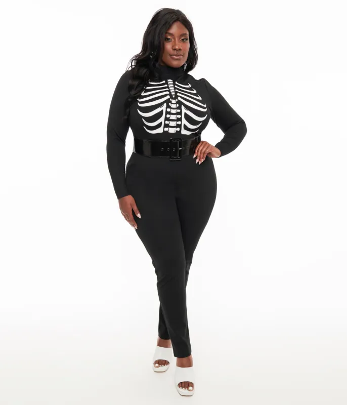 Smak Parlour Plus Size 1960s Black & White Skeleton Glow in the Dark Jumpsuit sold by Unique Vintage