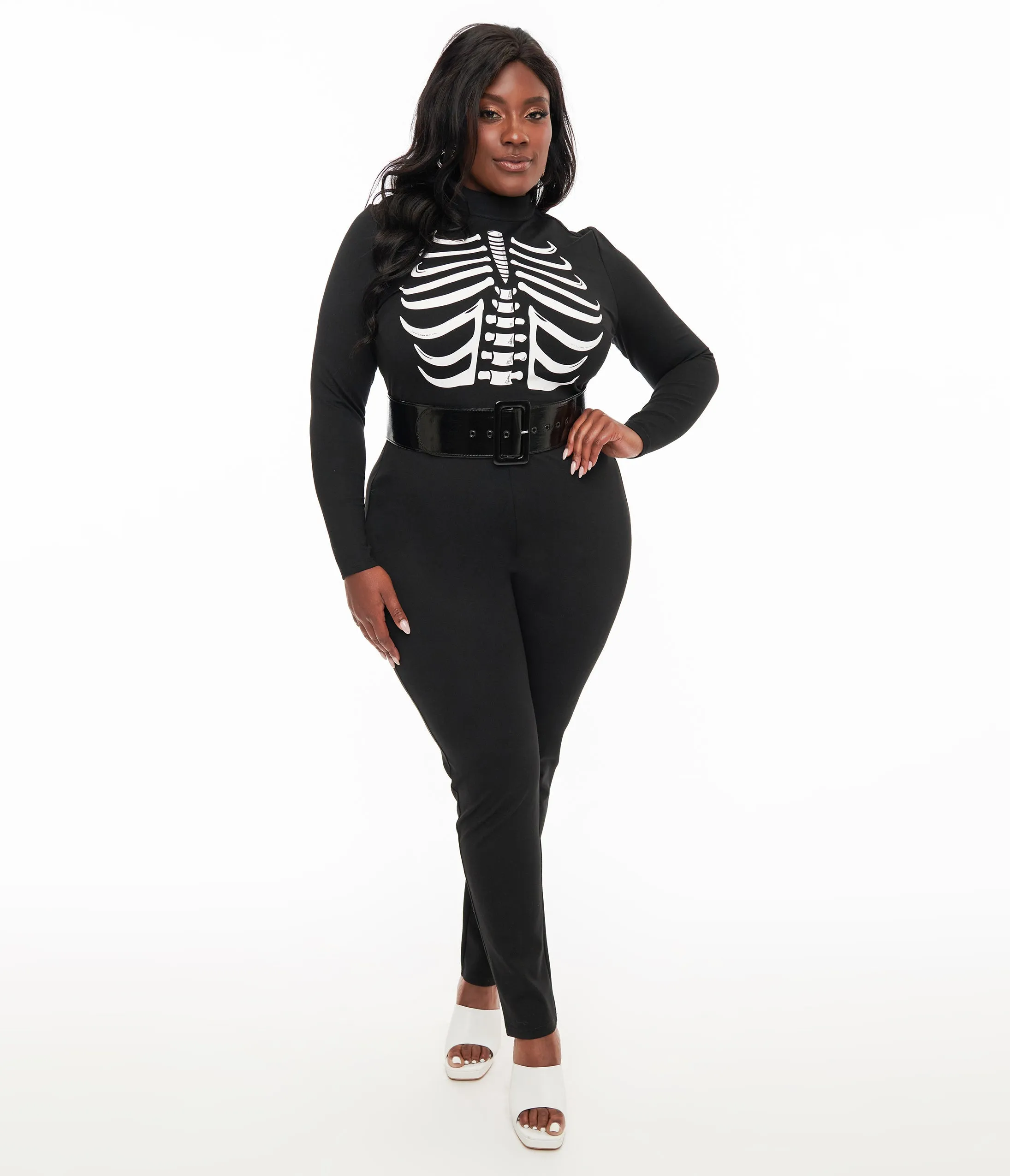 Smak Parlour Plus Size 1960s Black & White Skeleton Glow in the Dark Jumpsuit sold by Unique Vintage