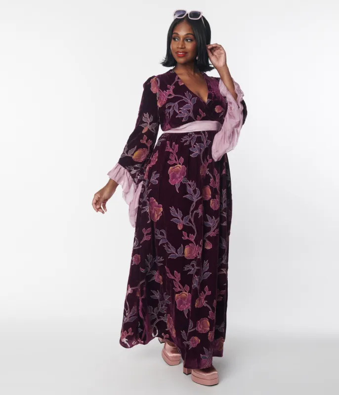 Unique Vintage Plus Size 1970s Purple Floral Burnout Velvet Maxi Dress sold by Unique Vintage