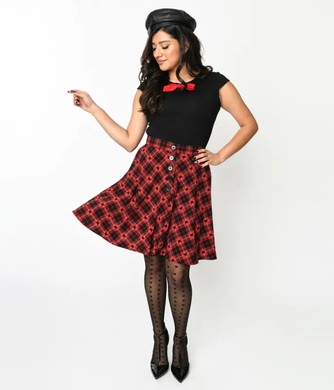 Hell Bunny Red & Black Heart Plaid Date Night Skirt sold by Unique Vintage