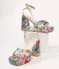 1970s White Floral Lexico Platform Sandals sold by Unique Vintage