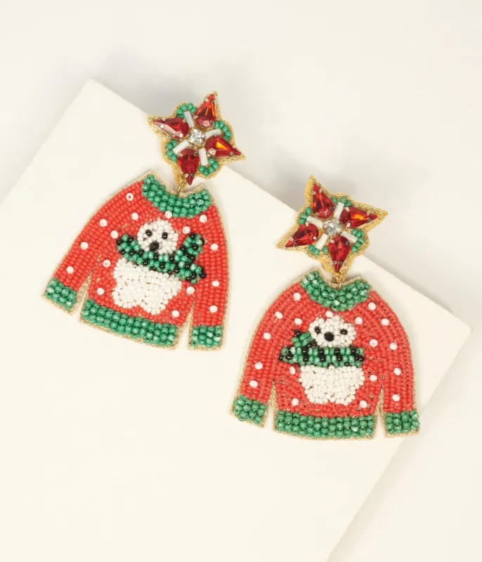 Red Beaded Holiday Sweater Drop Earrings sold by Unique Vintage