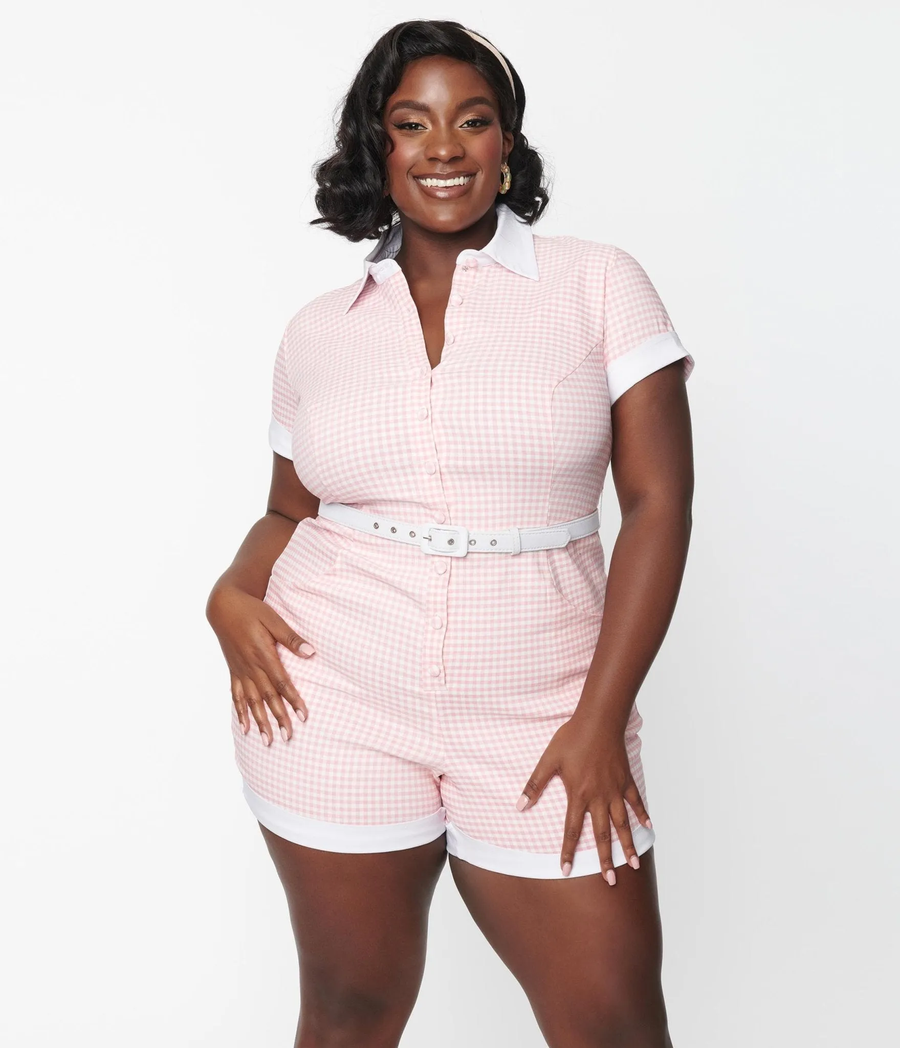 Unique Vintage Plus Size Pink & White Gingham Patsy Romper sold by Unique Vintage