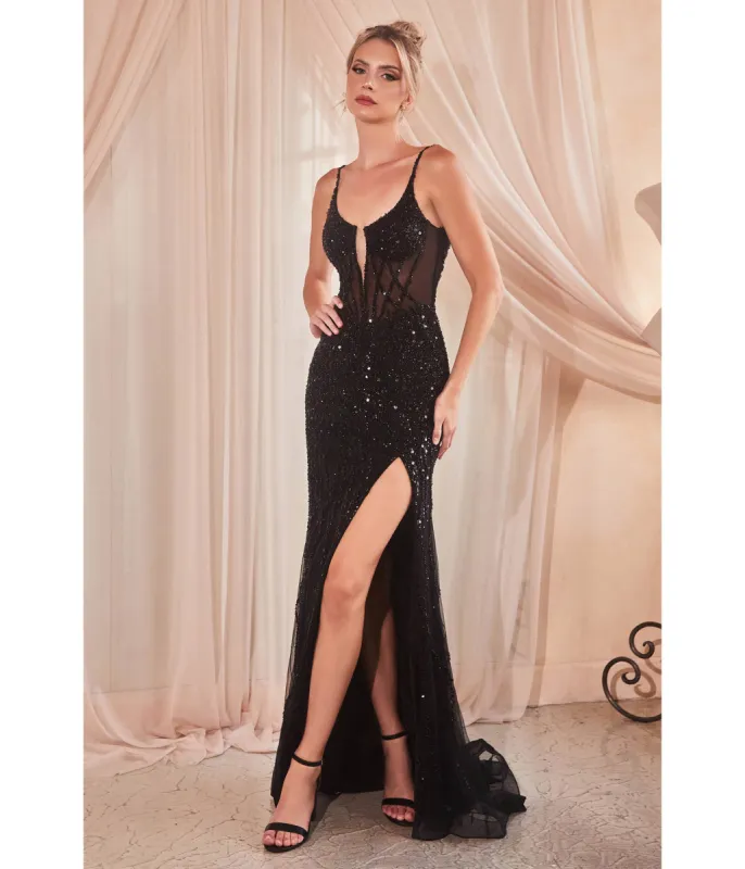 Ladivine by Cinderella Divine Black Sequin Beaded High Slit Fitted Prom Gown sold by Unique Vintage