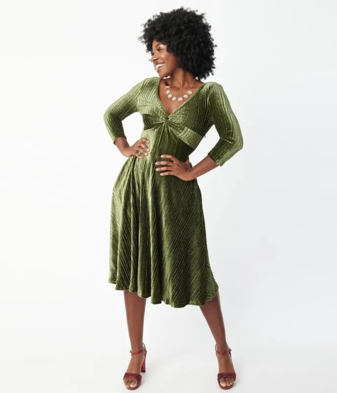 Voodoo Vixen Olive Embossed Velvet Swing Dress sold by Unique Vintage