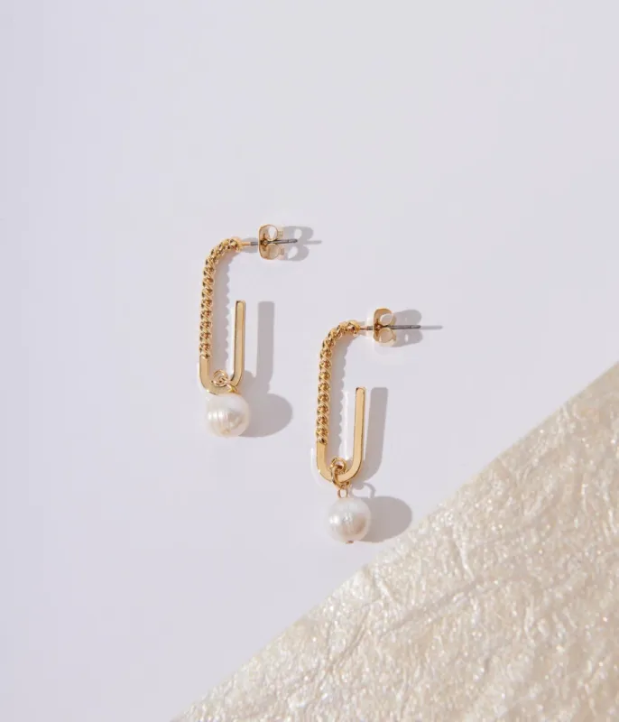Gold Oval Pearl Drop Earrings sold by Unique Vintage