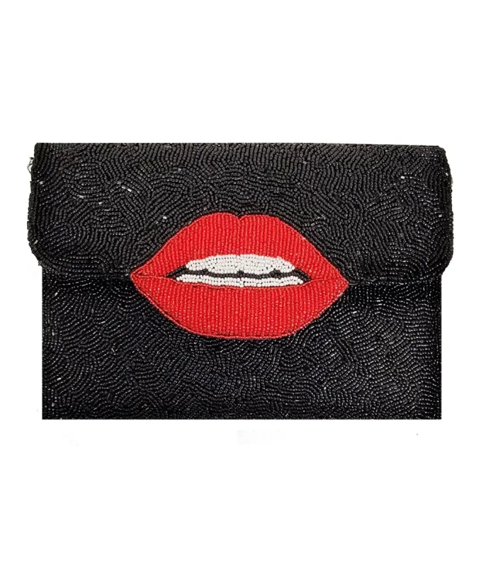 Black & Red Lips Beaded Clutch sold by Unique Vintage