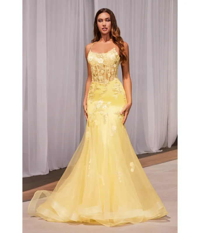 Cinderella Divine  Yellow Floral & Beaded Corset Mermaid Gown sold by Unique Vintage