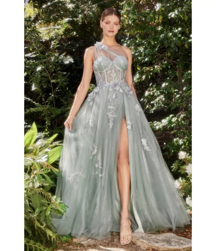 Cinderella Divine  Sage Floral Applique One Shoulder Leila Evening Gown sold by Unique Vintage