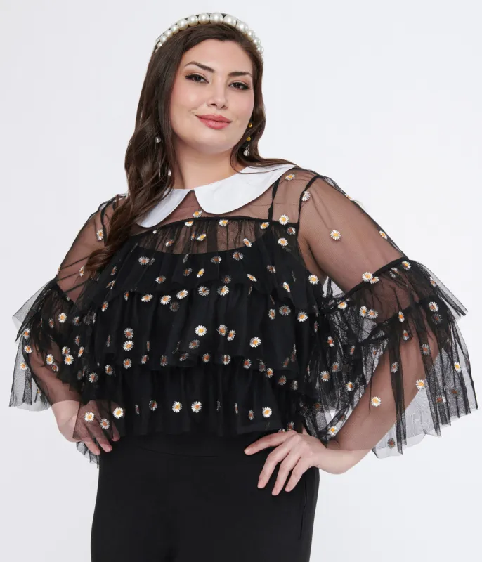 Smak Parlour Plus Size Black Daisy Mesh Ruffle Top sold by Unique Vintage