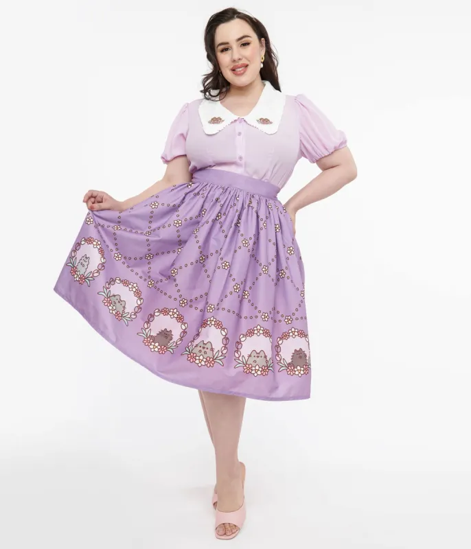Pusheen x Unique Vintage Plus Size Lavender Pusheen Floral Frame Print Gellar Swing Skirt sold by Unique Vintage