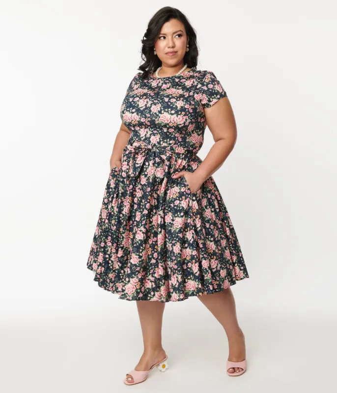 Plus Size Black & Pink Floral Cleo Swing Dress sold by Unique Vintage