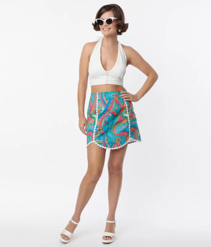 Smak Parlour Blue Daisy River Psychedelic Scallop Hem Mini Skirt sold by Unique Vintage