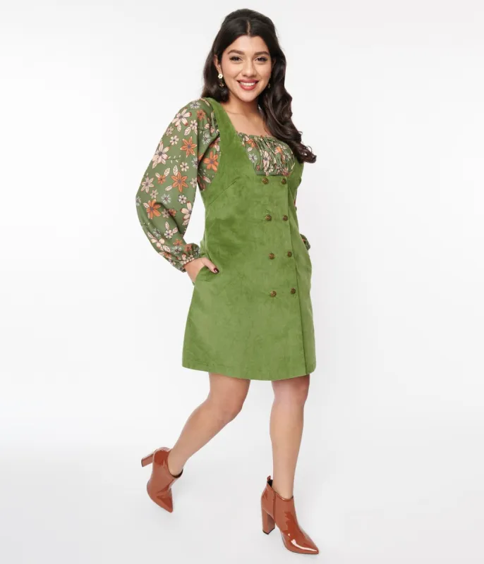 Voodoo Vixen Olive Green Corduroy Pinafore Shift Dress sold by Unique Vintage