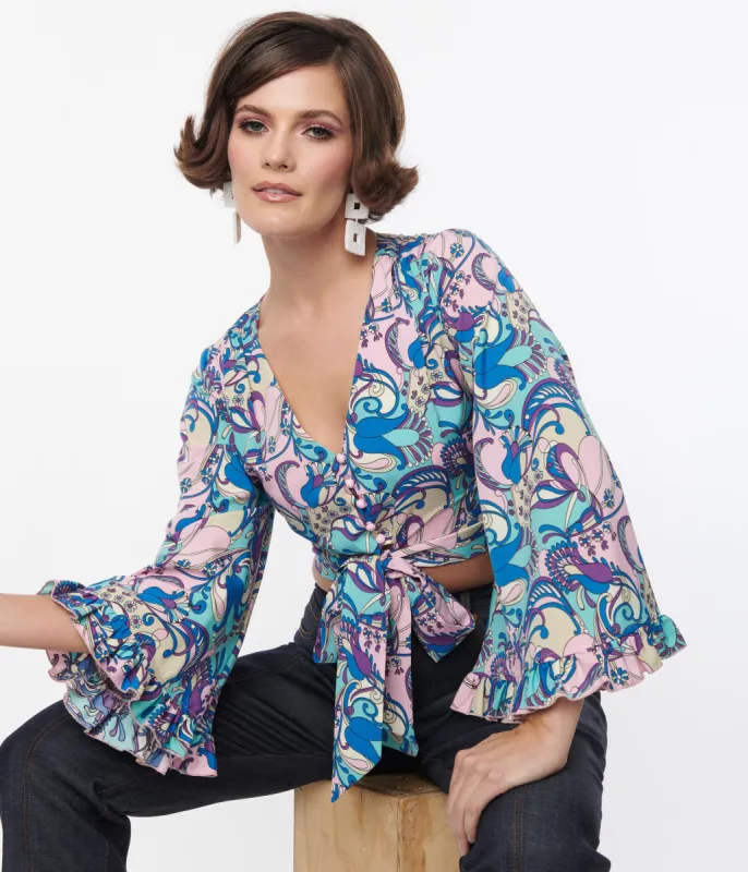 Smak Parlour Blue & Purple Psychedelic Floral Belva Crop Blouse sold by Unique Vintage