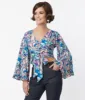 Smak Parlour Blue & Purple Psychedelic Floral Belva Crop Blouse sold by Unique Vintage
