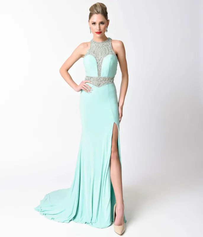Mint Blue Fitted Jeweled Split Long Dress made by Unique Vintage