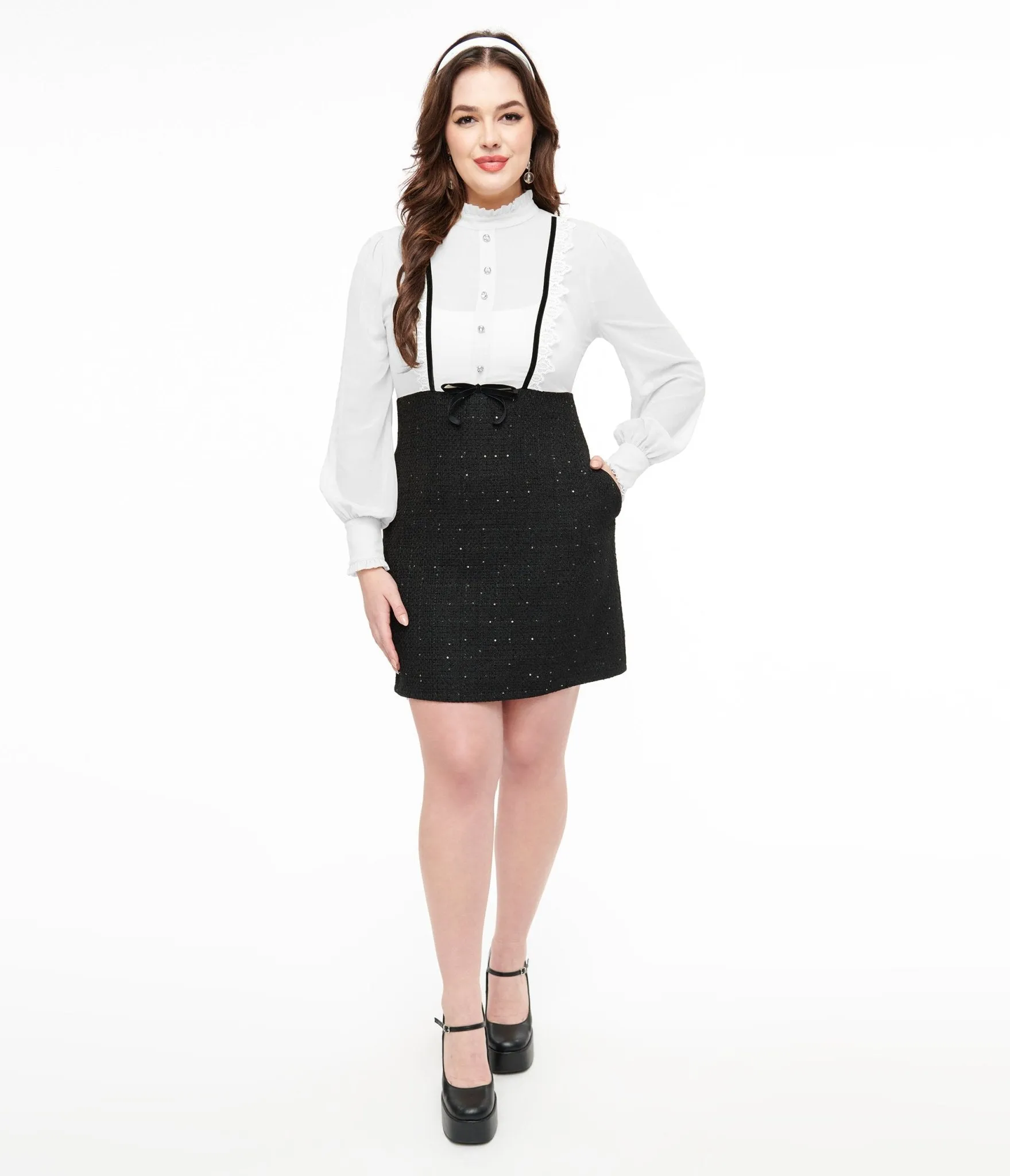 Smak Parlour 1960s Black & White Ruffle Neck A-Line Dress sold by Unique Vintage product image thumbnail 3