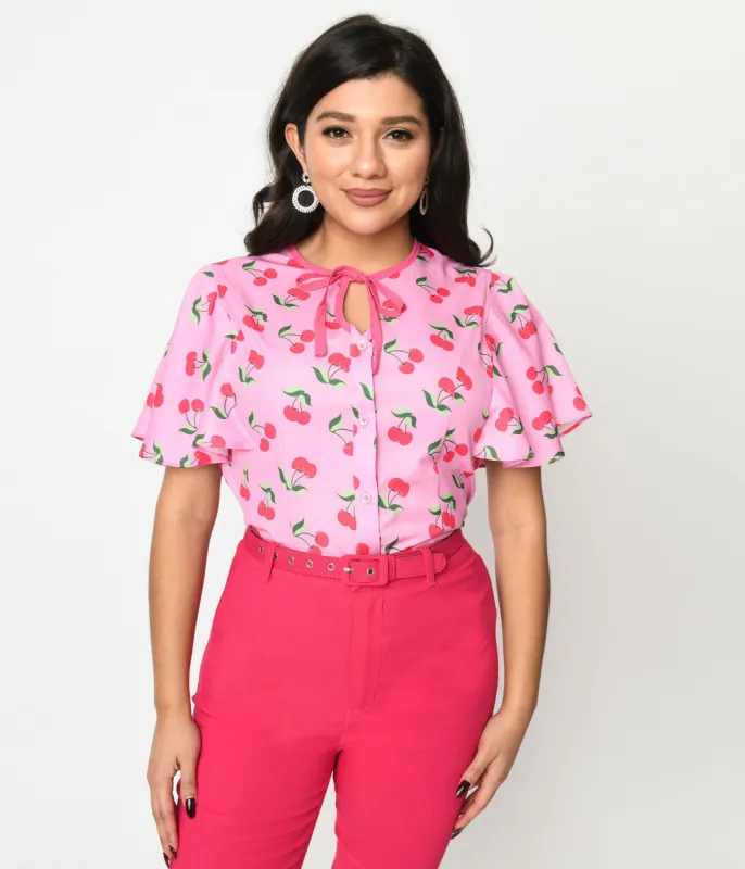 Unique Vintage 1940s Lavender & Hot Pink Cherry Cecilia Blouse sold by Unique Vintage