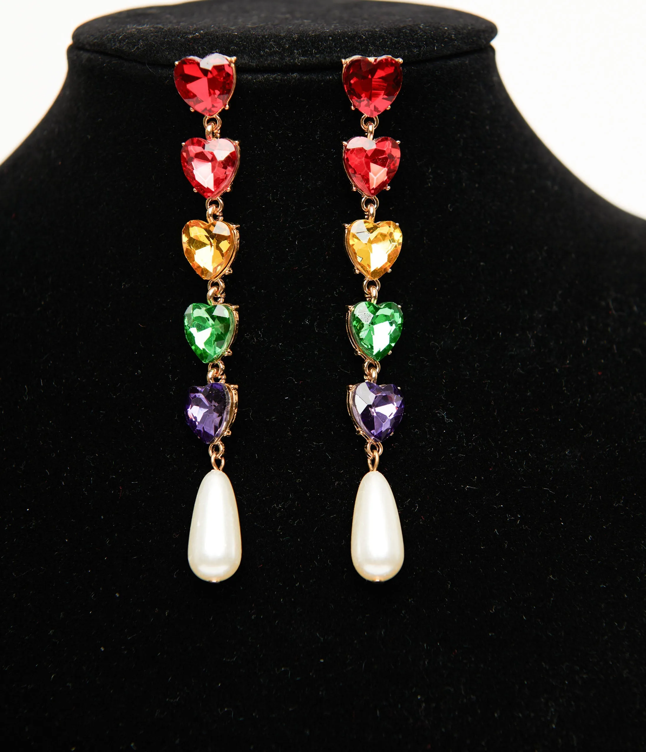 Rainbow Heart & Faux Pearl Drop Earrings sold by Unique Vintage