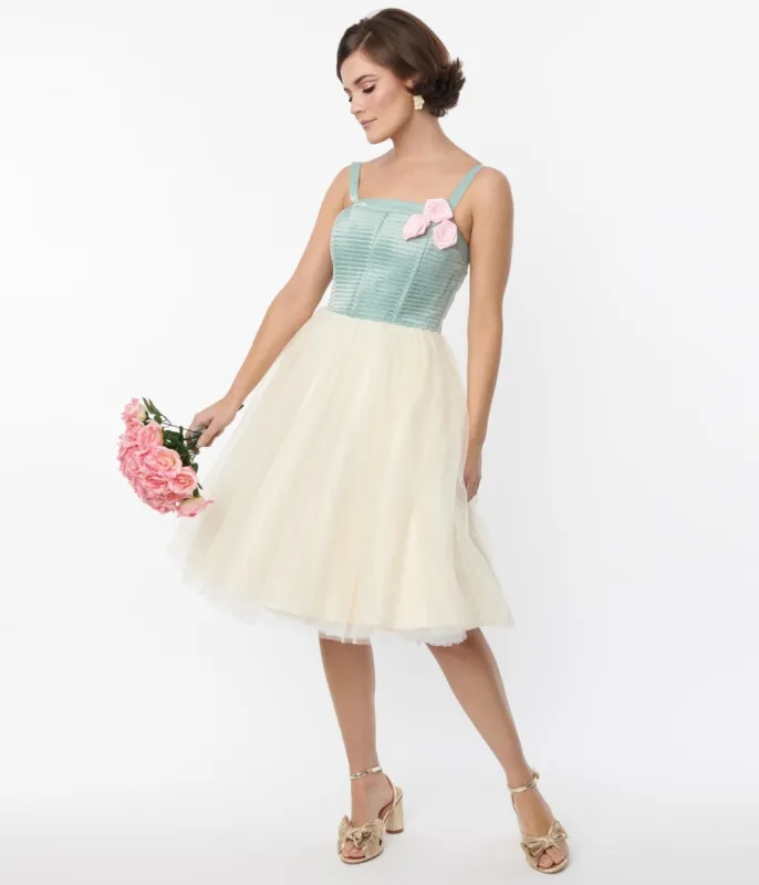 Unique Vintage Sage & Ivory Tulle Swing Dress sold by Unique Vintage
