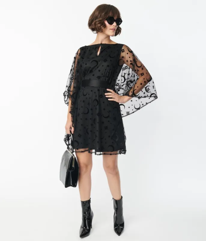 Smak Parlour Black Mesh Moon & Stars Social Climber Caftan sold by Unique Vintage