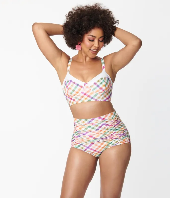 Unique Vintage Pastel Madras Gingham Monroe Swim Bottom sold by Unique Vintage