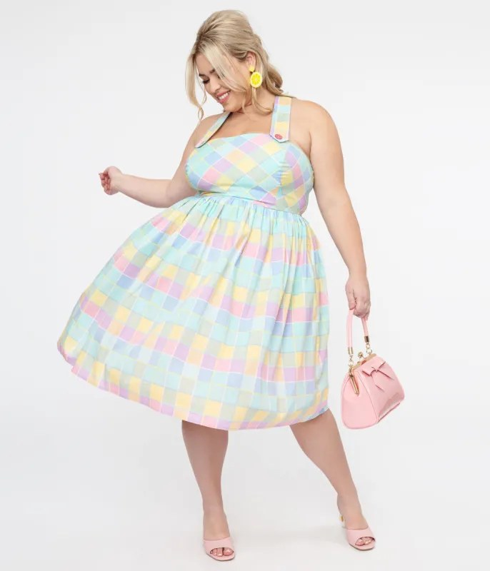 Hell Bunny Plus Size 1950s Pastel Rainbow Check Cotton Swing Dress sold by Unique Vintage