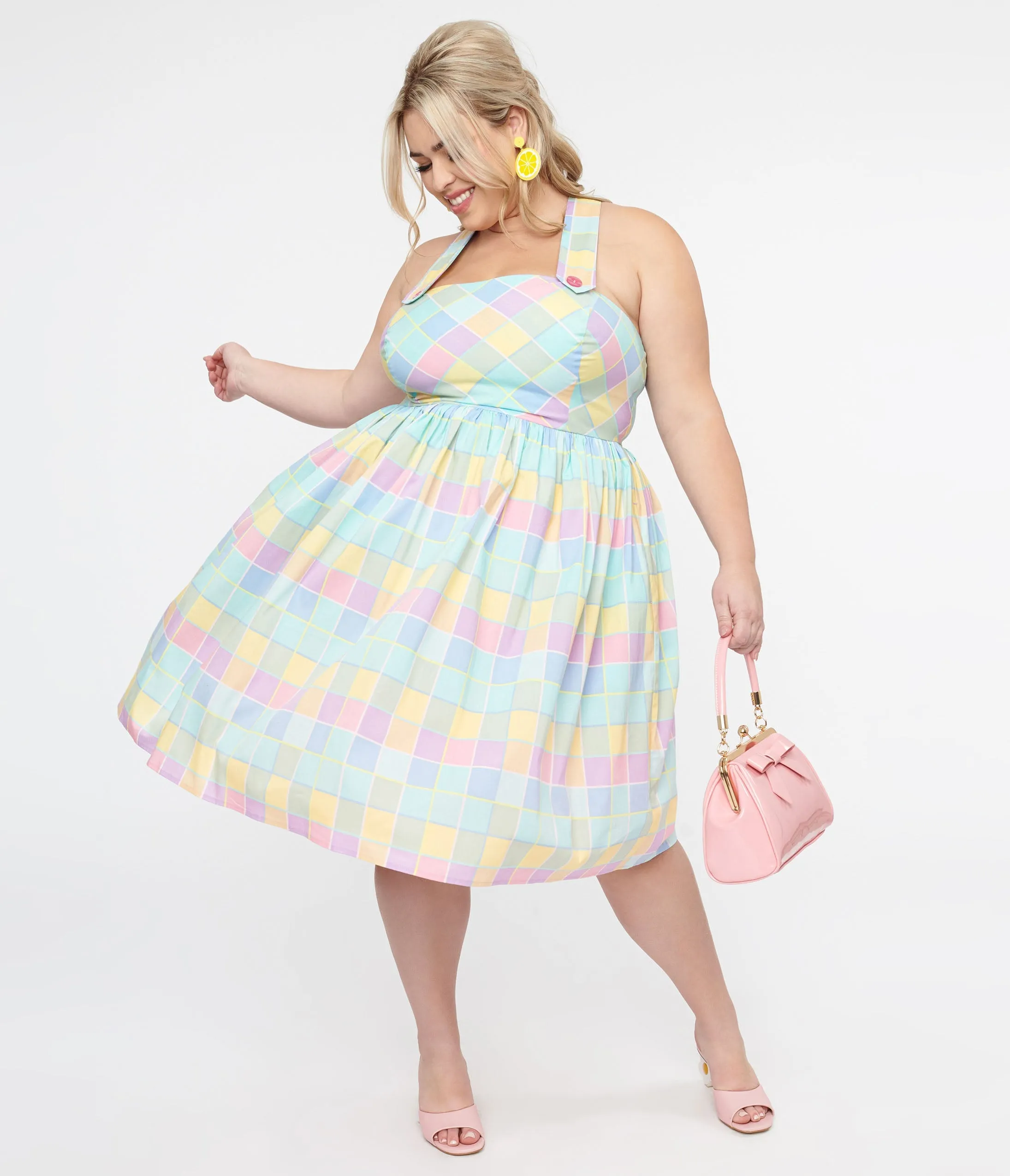 Hell Bunny Plus Size 1950s Pastel Rainbow Check Cotton Swing Dress sold by Unique Vintage