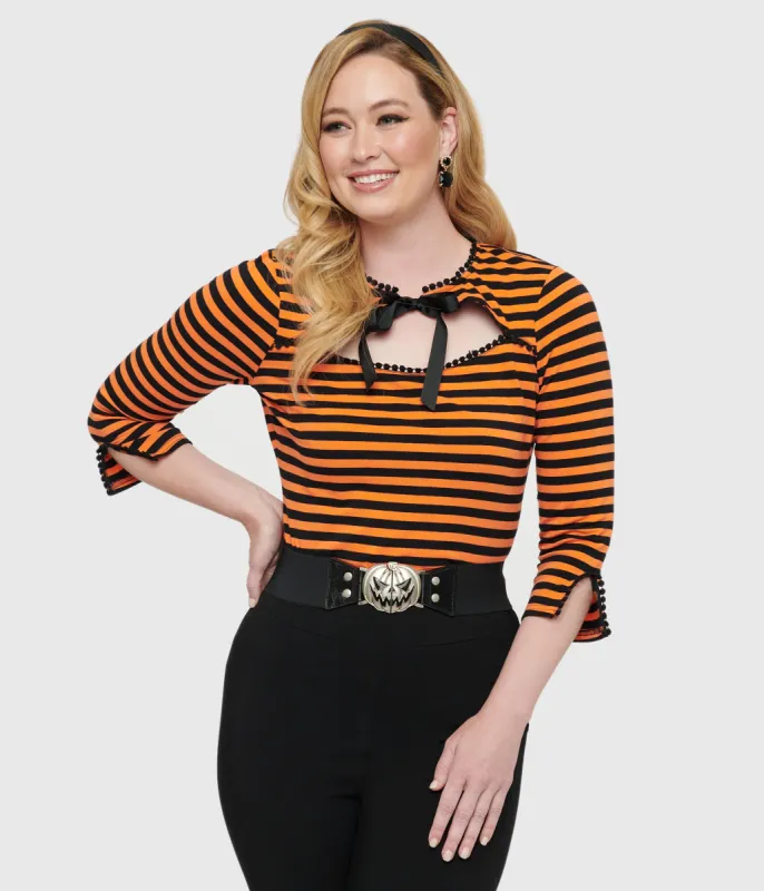 Unique Vintage 1950s Orange & Black Stripe Cutout Neck Tie Top made by Unique Vintage