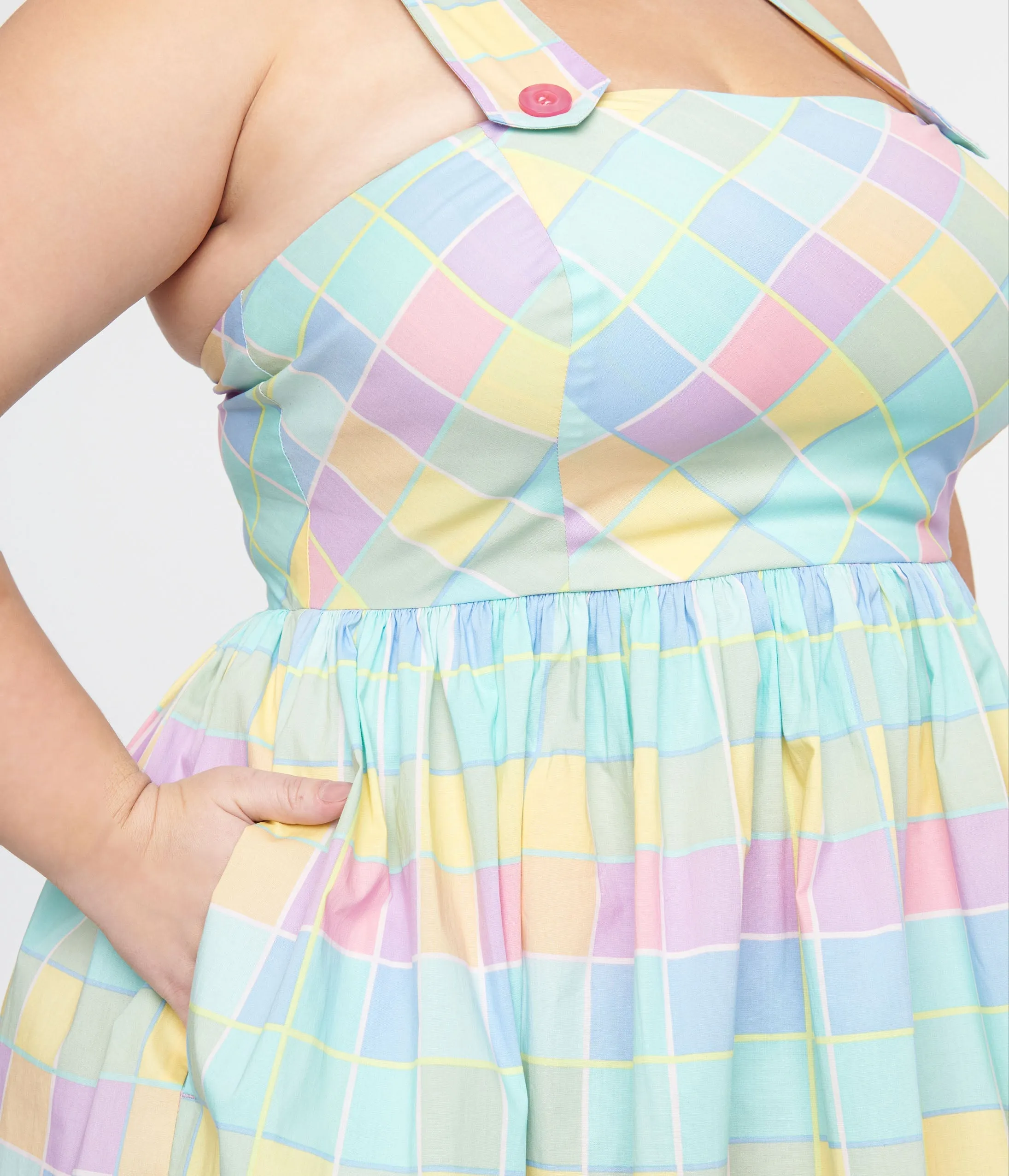 Hell Bunny Plus Size 1950s Pastel Rainbow Check Cotton Swing Dress sold by Unique Vintage product image thumbnail 2