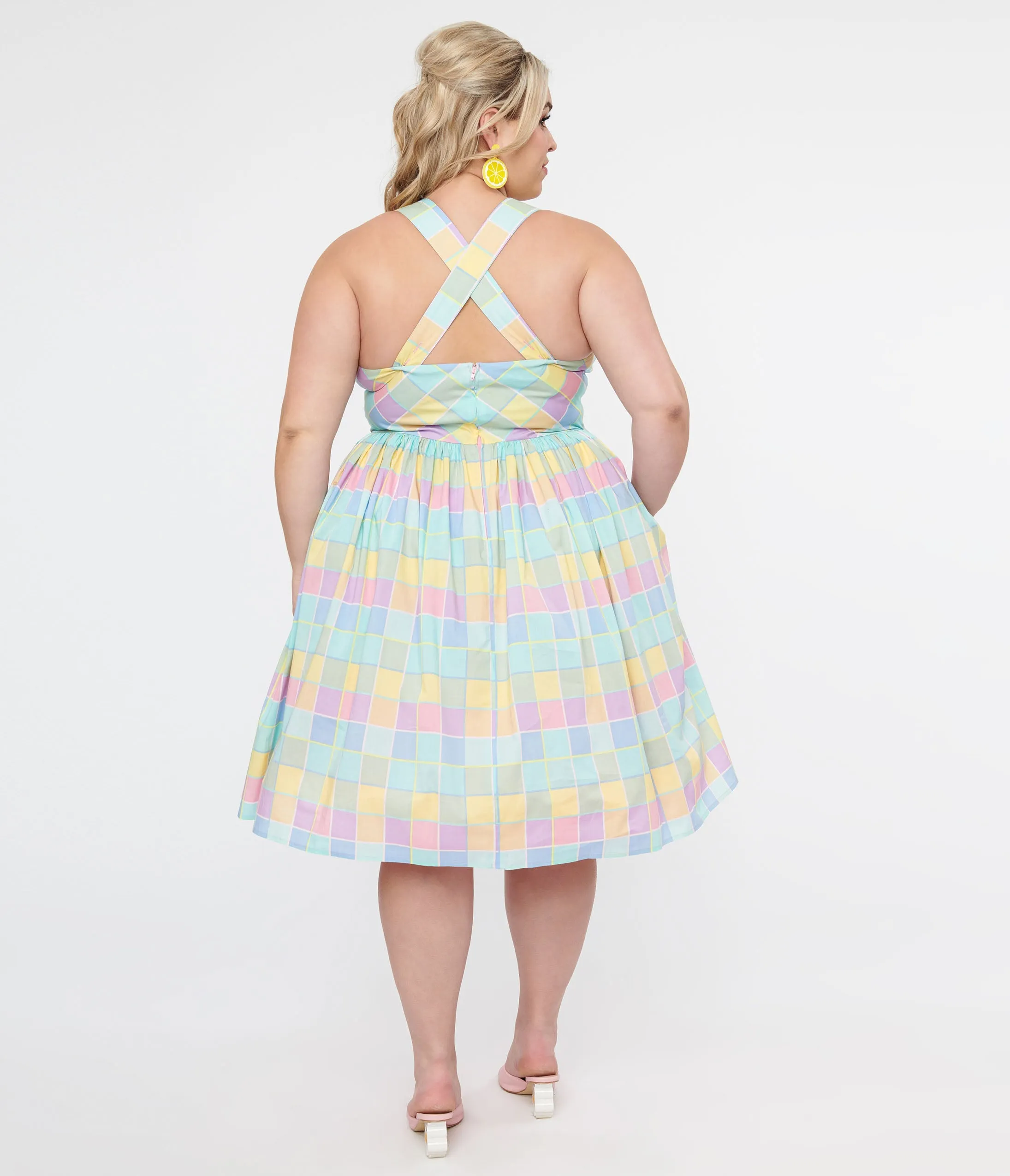 Hell Bunny Plus Size 1950s Pastel Rainbow Check Cotton Swing Dress sold by Unique Vintage product image thumbnail 3