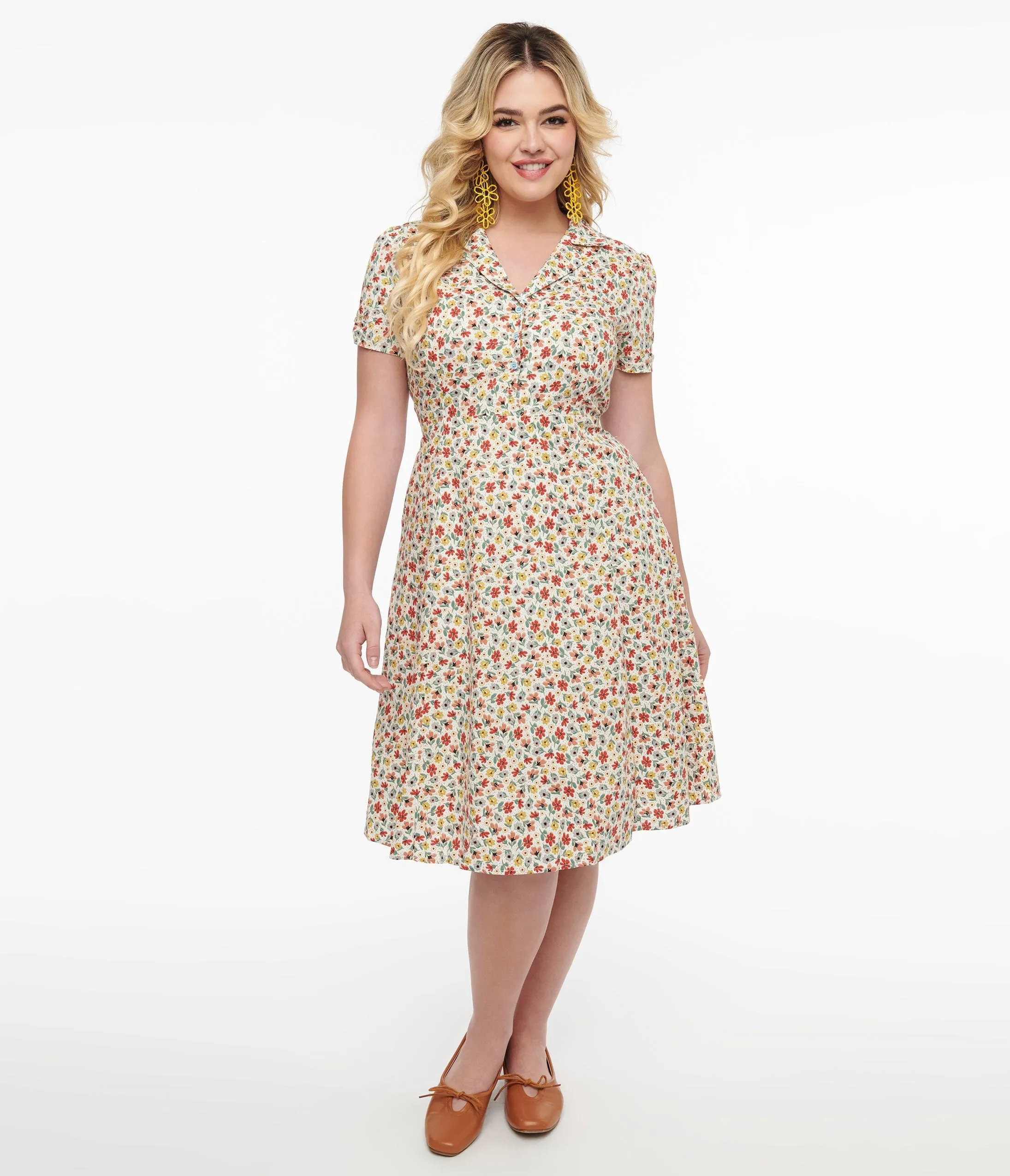 1950s Cream & Multicolor Floral Fit & Flare Dress sold by Unique Vintage product image thumbnail 3