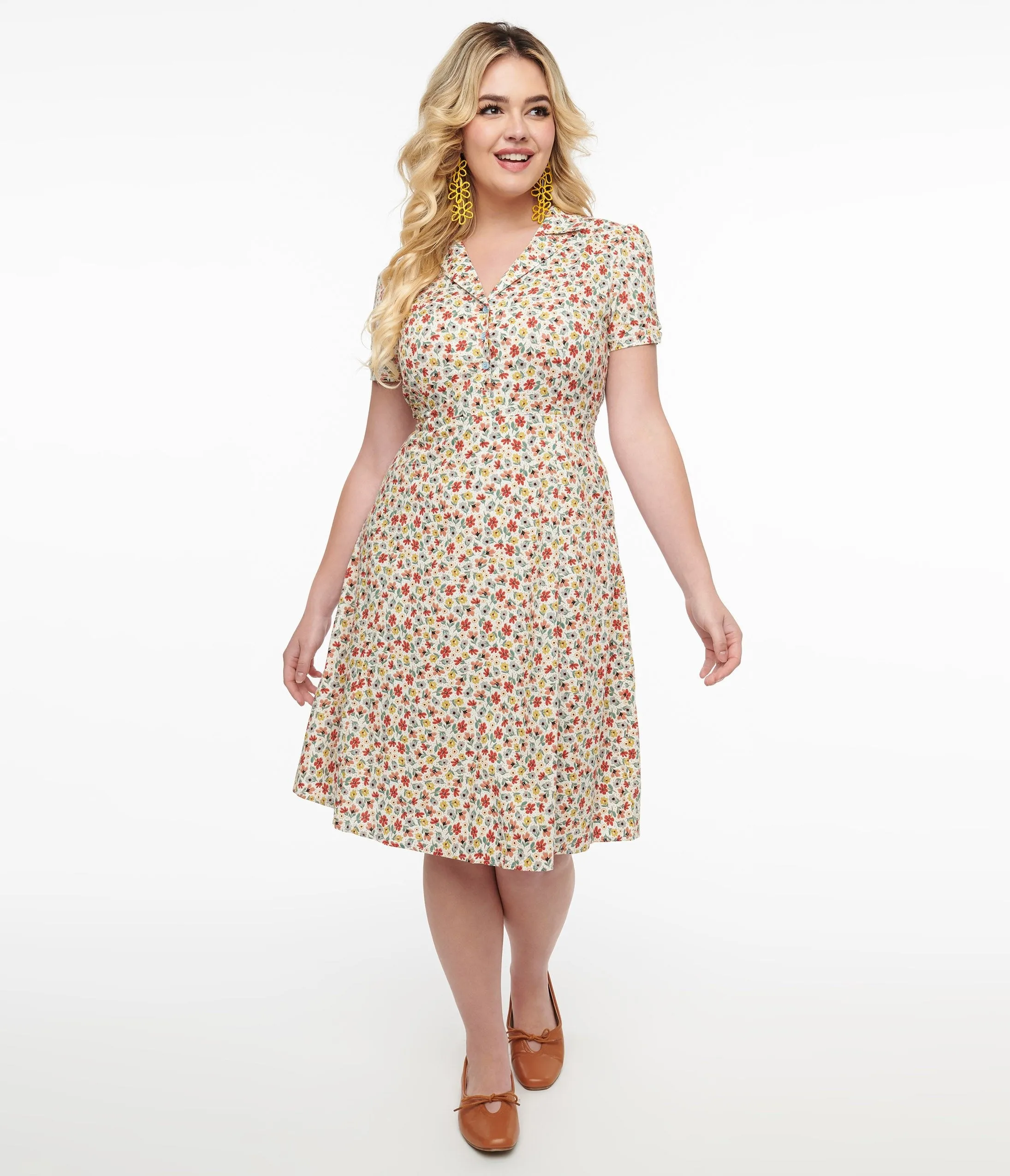 1950s Cream & Multicolor Floral Fit & Flare Dress sold by Unique Vintage